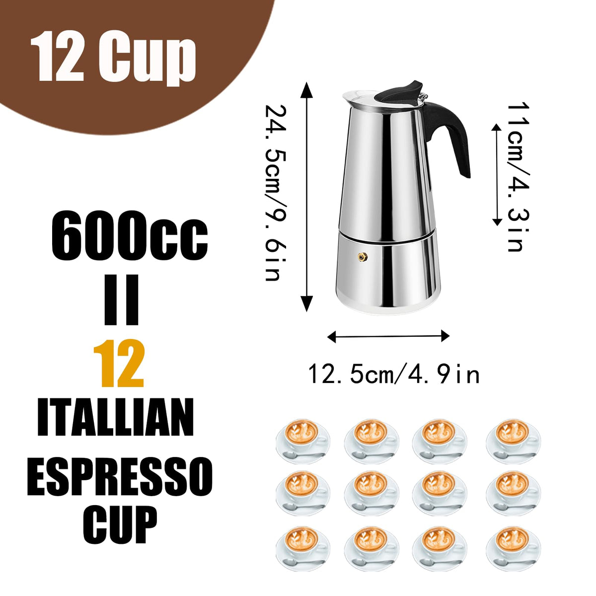 12 Cup Stainless Steel Stovetop Espresso Moka Pot 600ml J437554