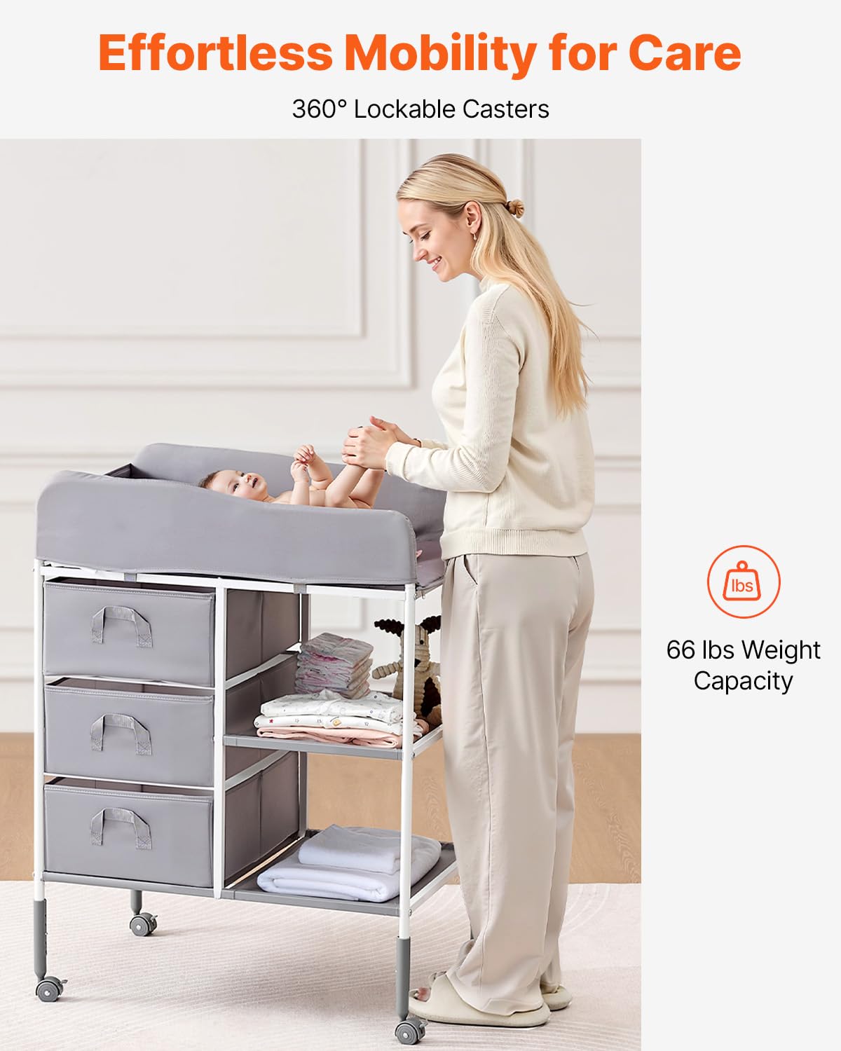 Adjustable Height Baby Changing Table with 3 Fabric Drawers L8837