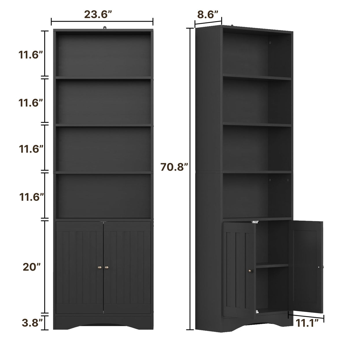 71''H 6-Shelf Black Bookcase with Doors W67237