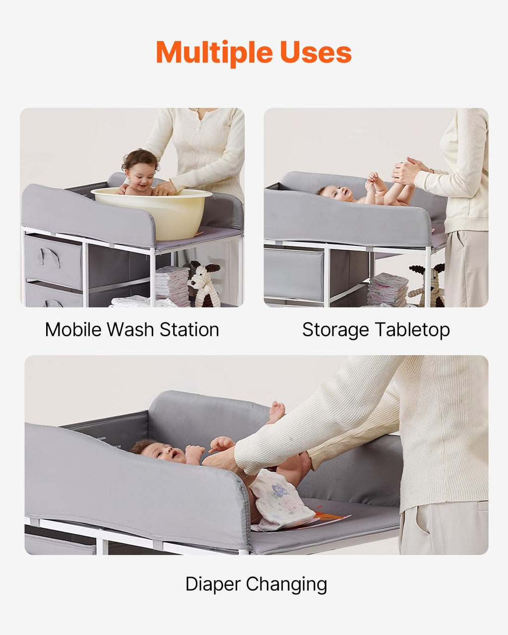 Adjustable Height Baby Changing Table with 3 Fabric Drawers L8837