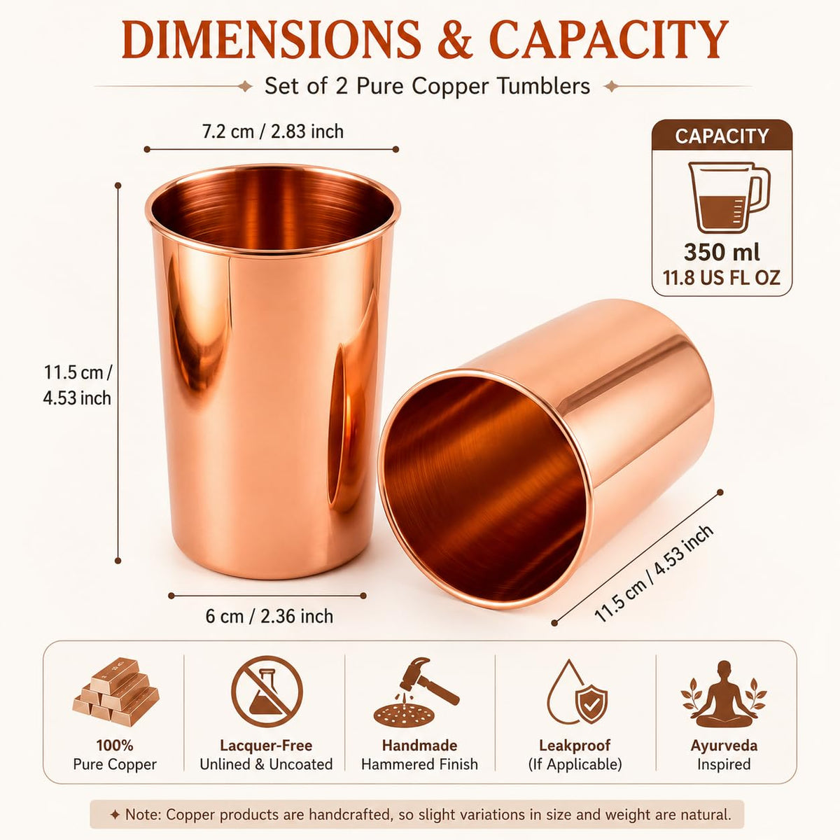 Copper Drinking Cups Set of 2, 350ml Unlined Uncoated E346175