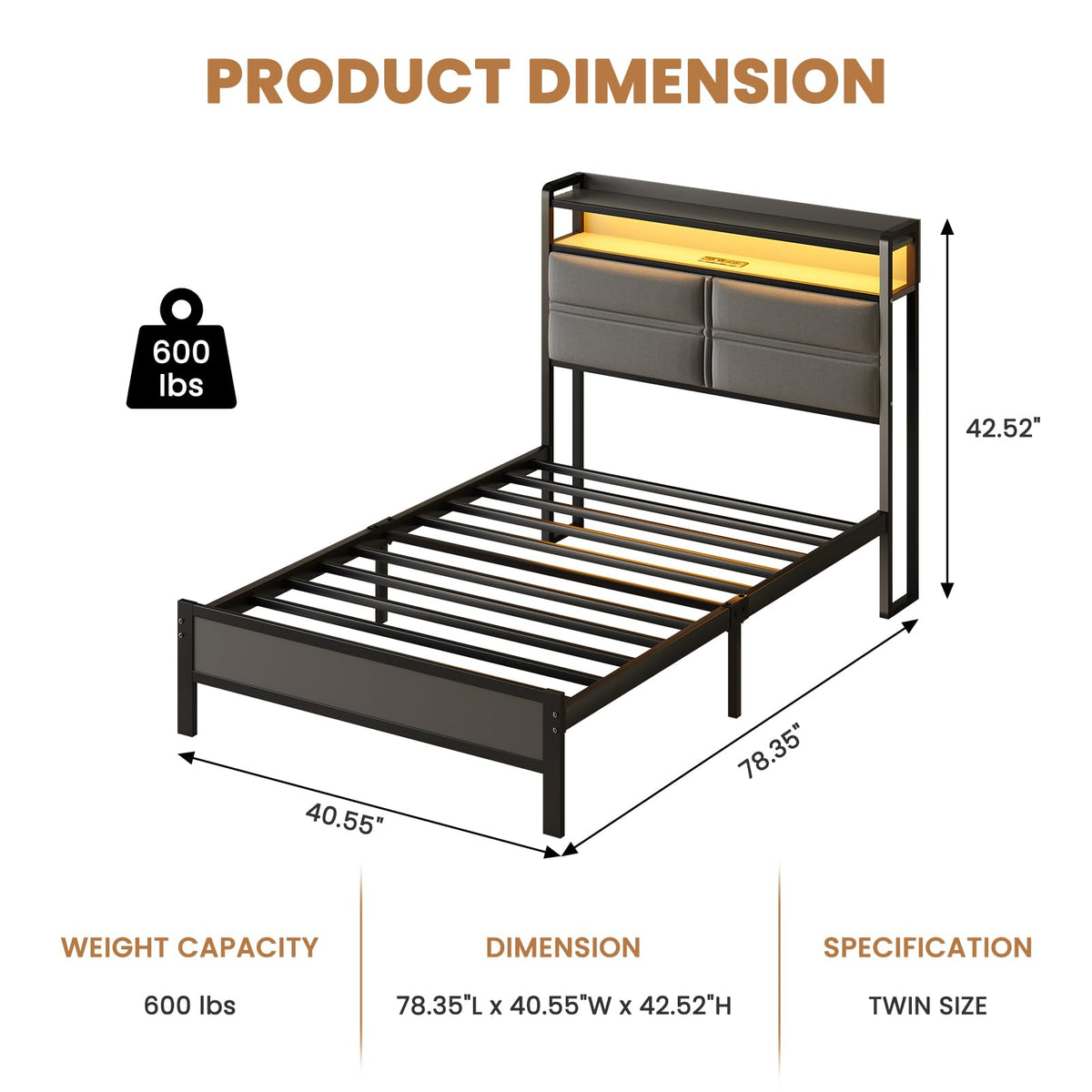 Twin Bed Frame with LED Lights and Charging Station J58636