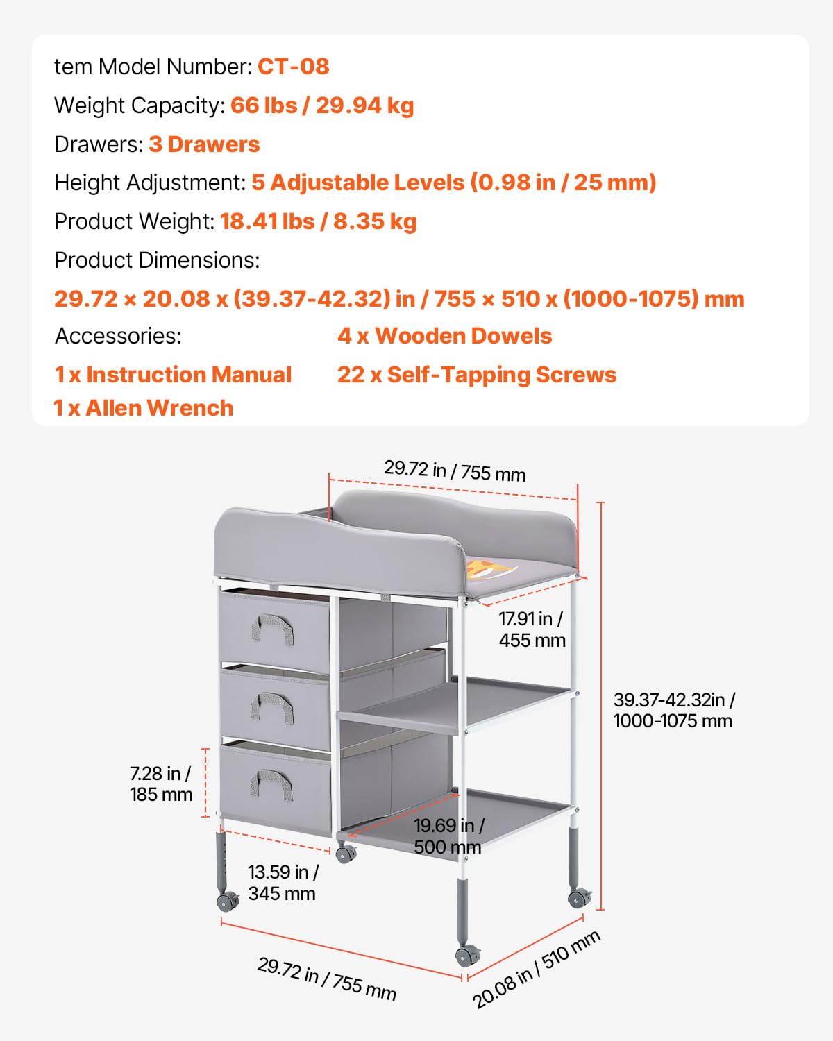 Adjustable Height Baby Changing Table with 3 Fabric Drawers L8837