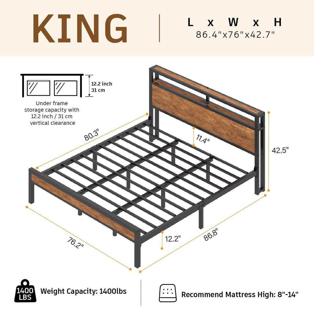 King Size Bed Frame with LED Light and Charging Station U425