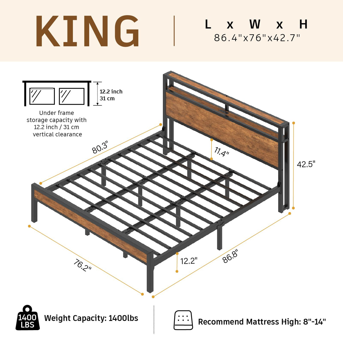 King Size Bed Frame with LED Light and Charging Station U425