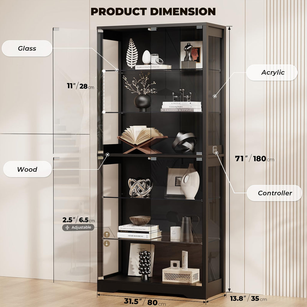 71" Tall Display Cabinet with Glass Door and 3-Color Lights, Black K12874