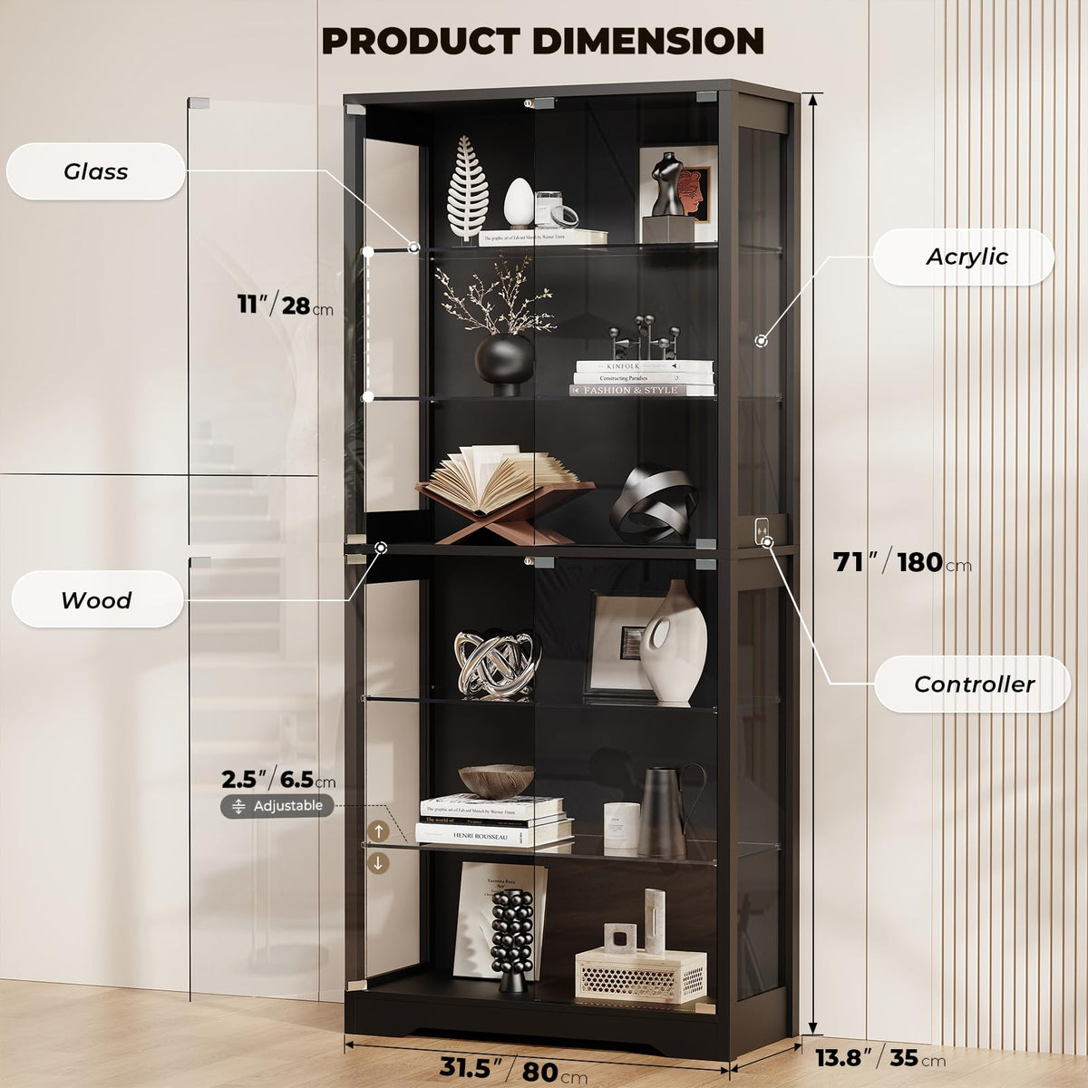 71" Tall Display Cabinet with Glass Door and 3-Color Lights, Black K12874