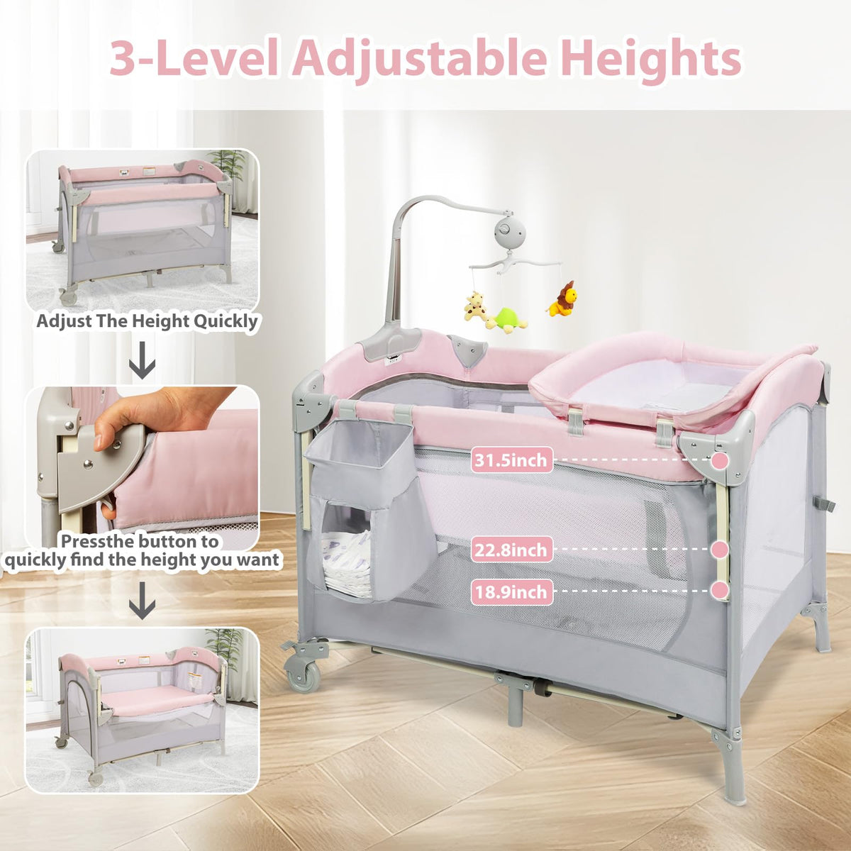 5-in-1 Pink Baby Bassinet Bedside Crib G72325