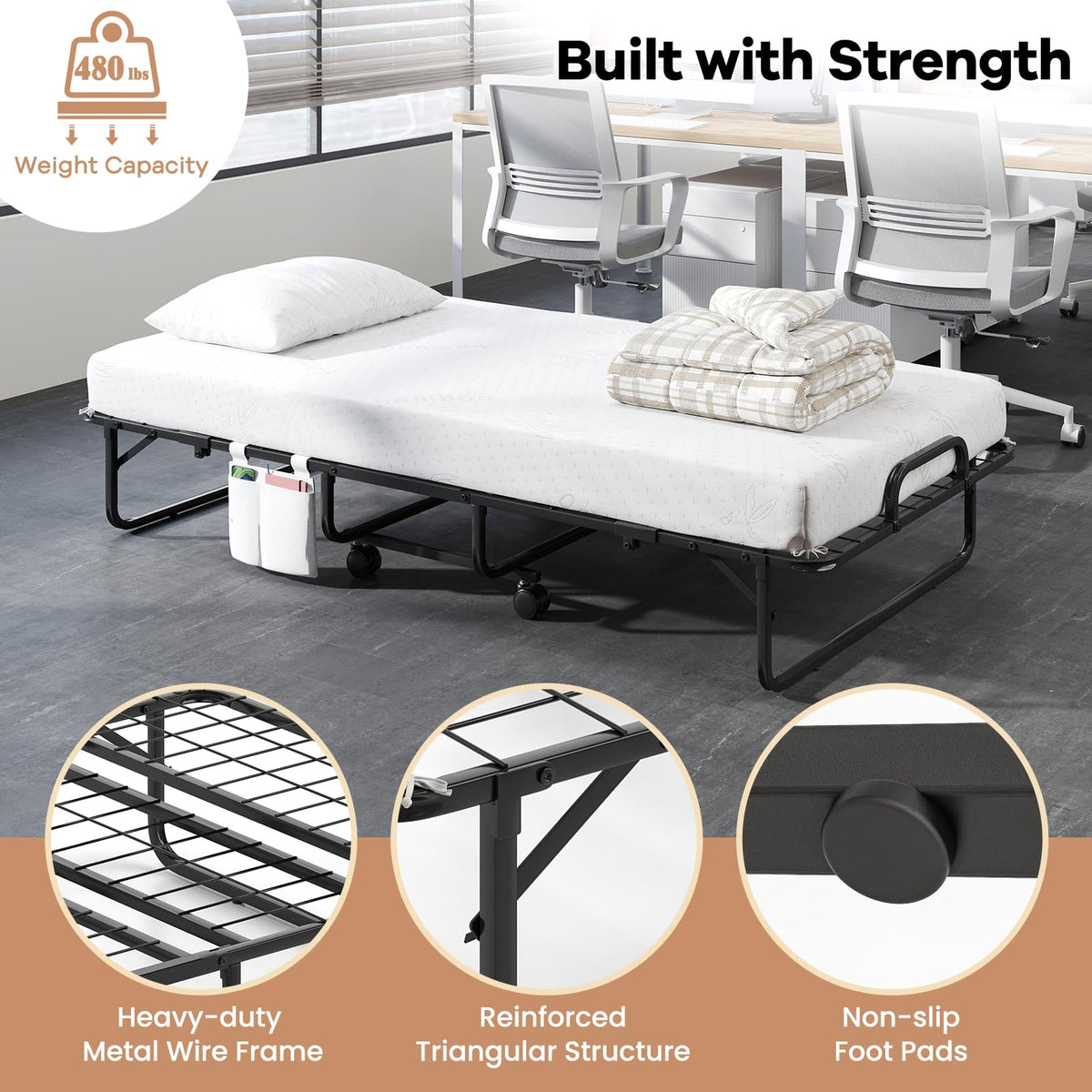 Twin Folding Bed with 5 Inch Mattress and Metal Frame W490