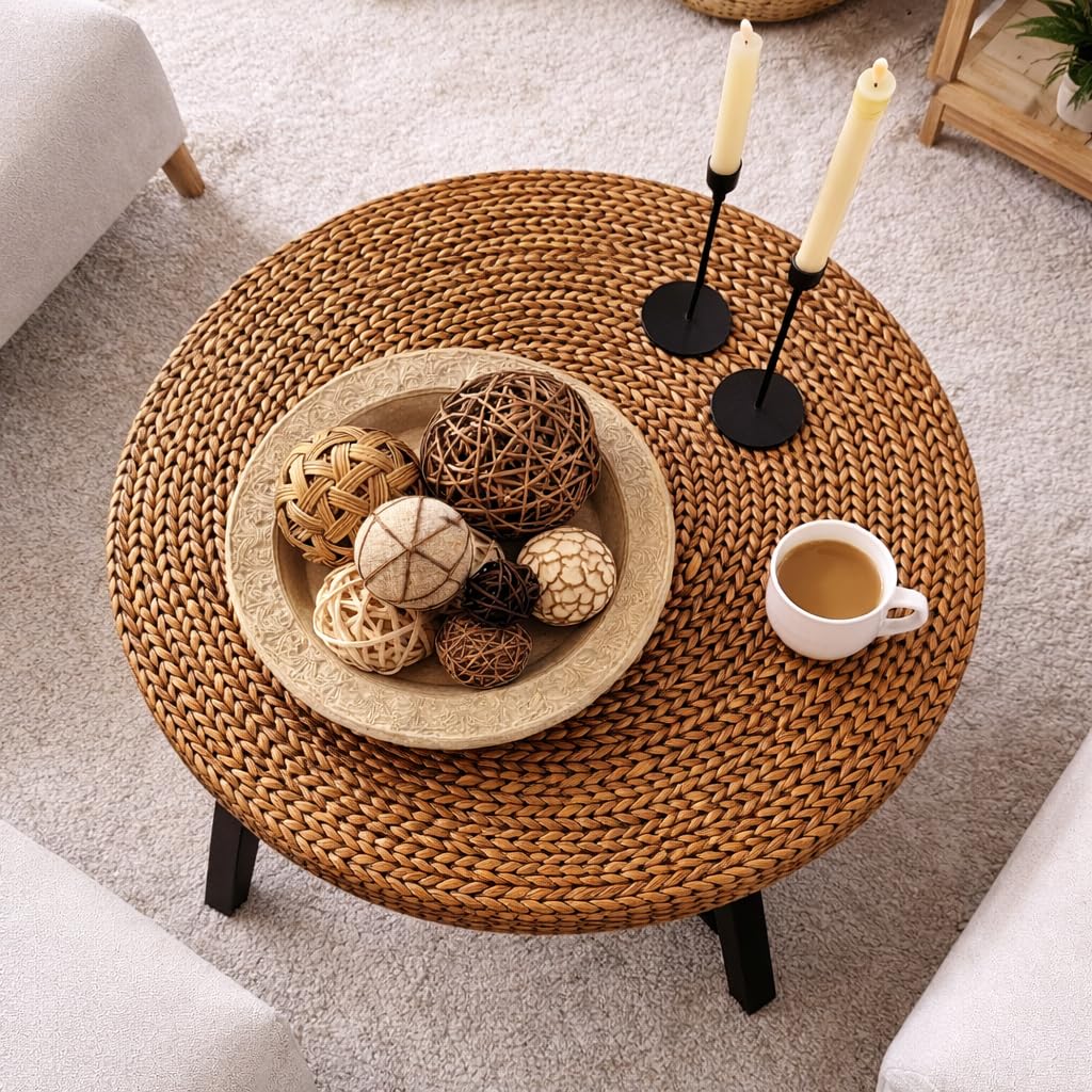32 Inch Round Handwoven Seagrass Coffee Table with Pine Wood X Base K896