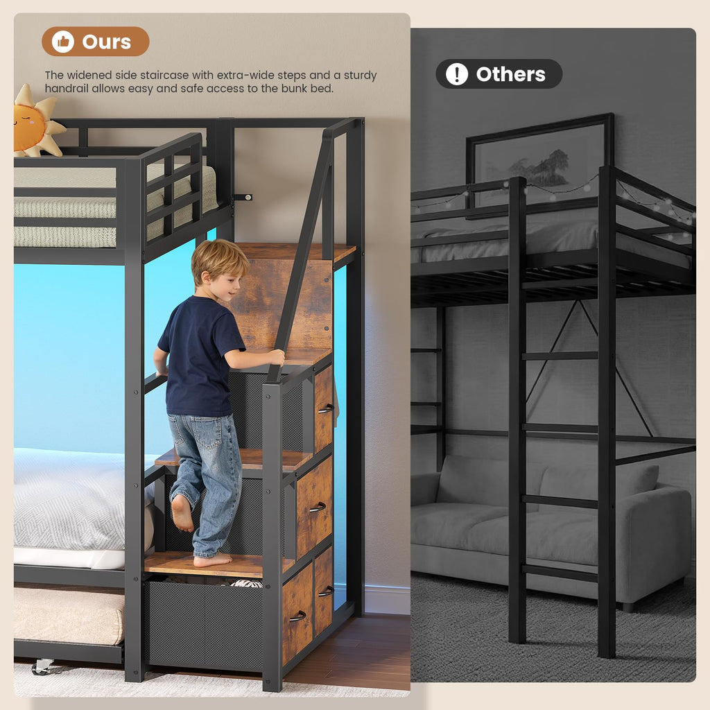 Twin Over Twin Metal Bunk Bed with Trundle and Staircase, Black F118