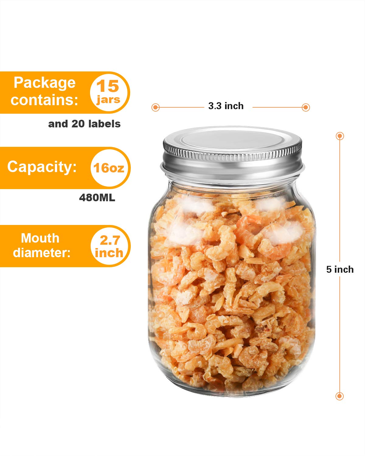 16 oz Mason Jars with Silver Lids 15 Pack B24847