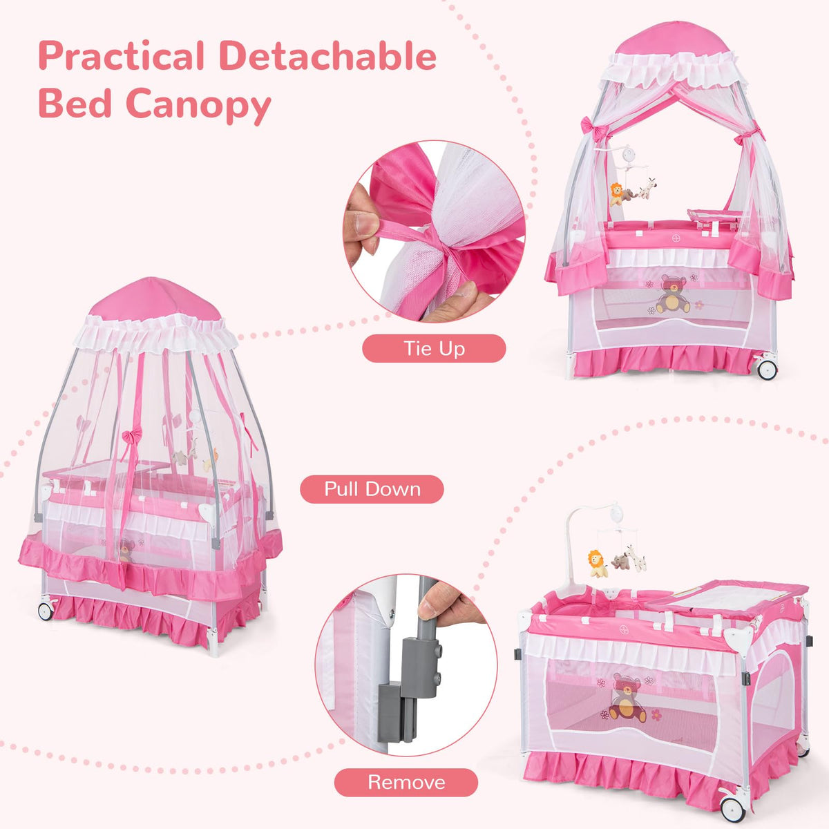 4-in-1 Pack and Play with Canopy, Changing Table and Bassinet, Hot Pink T49266