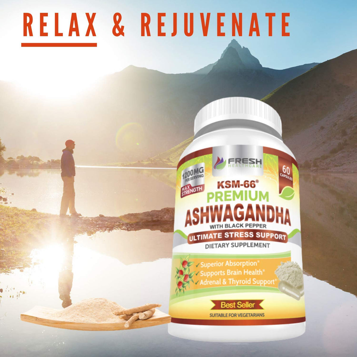 Ashwagandha Capsules 1200mg Root Extract with Black Pepper 60 Vegan Capsules E877523