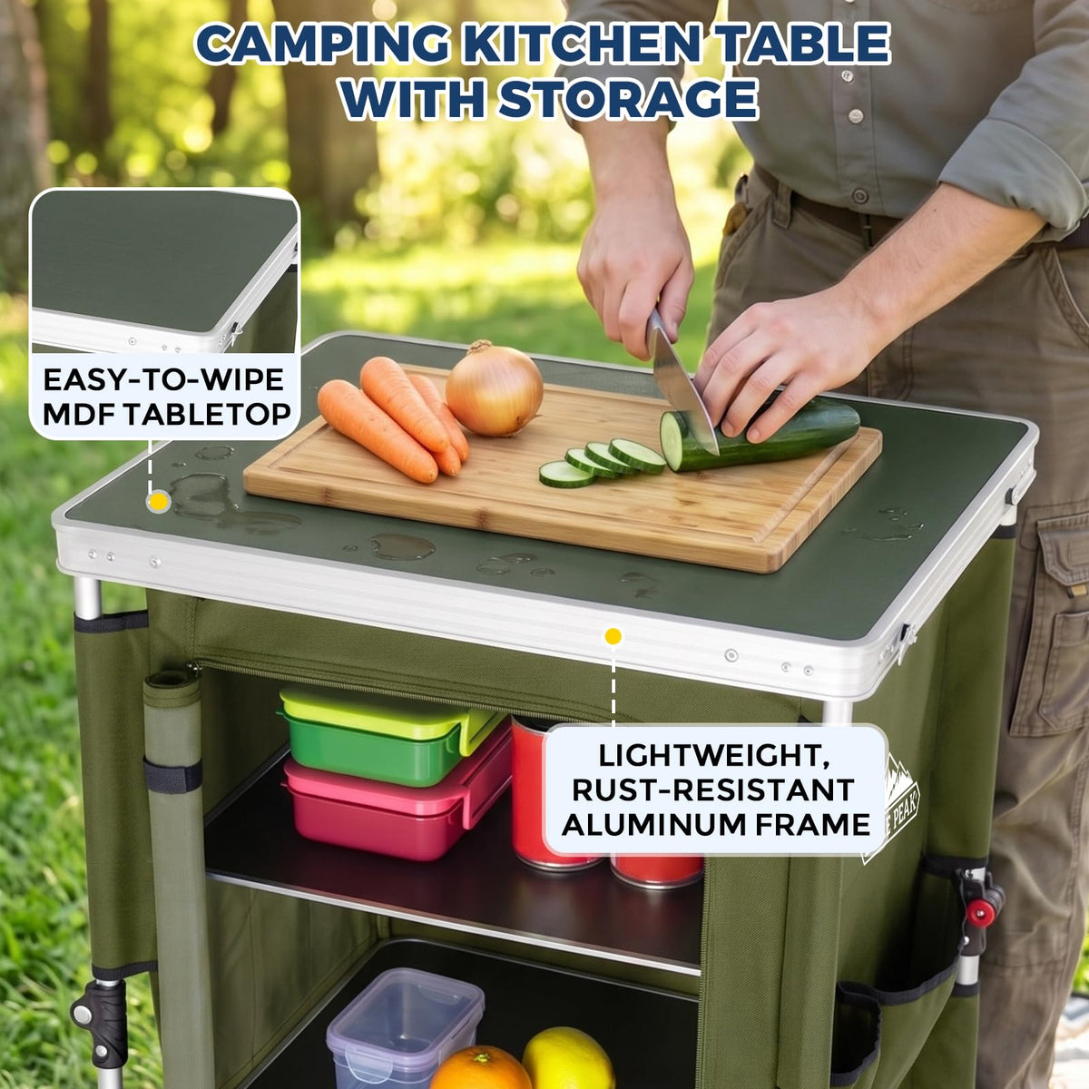 Green Portable Aluminum Folding Camping Table with Storage Organizer K38351