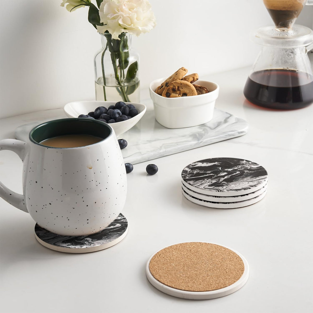 Black Marble Style Ceramic Coasters Set of 6 with Holder X9436