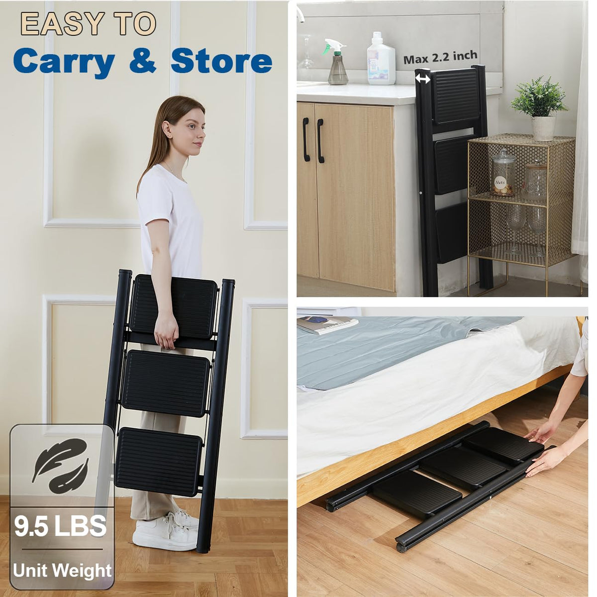 Black 3 Step Steel Folding Ladder Z32287