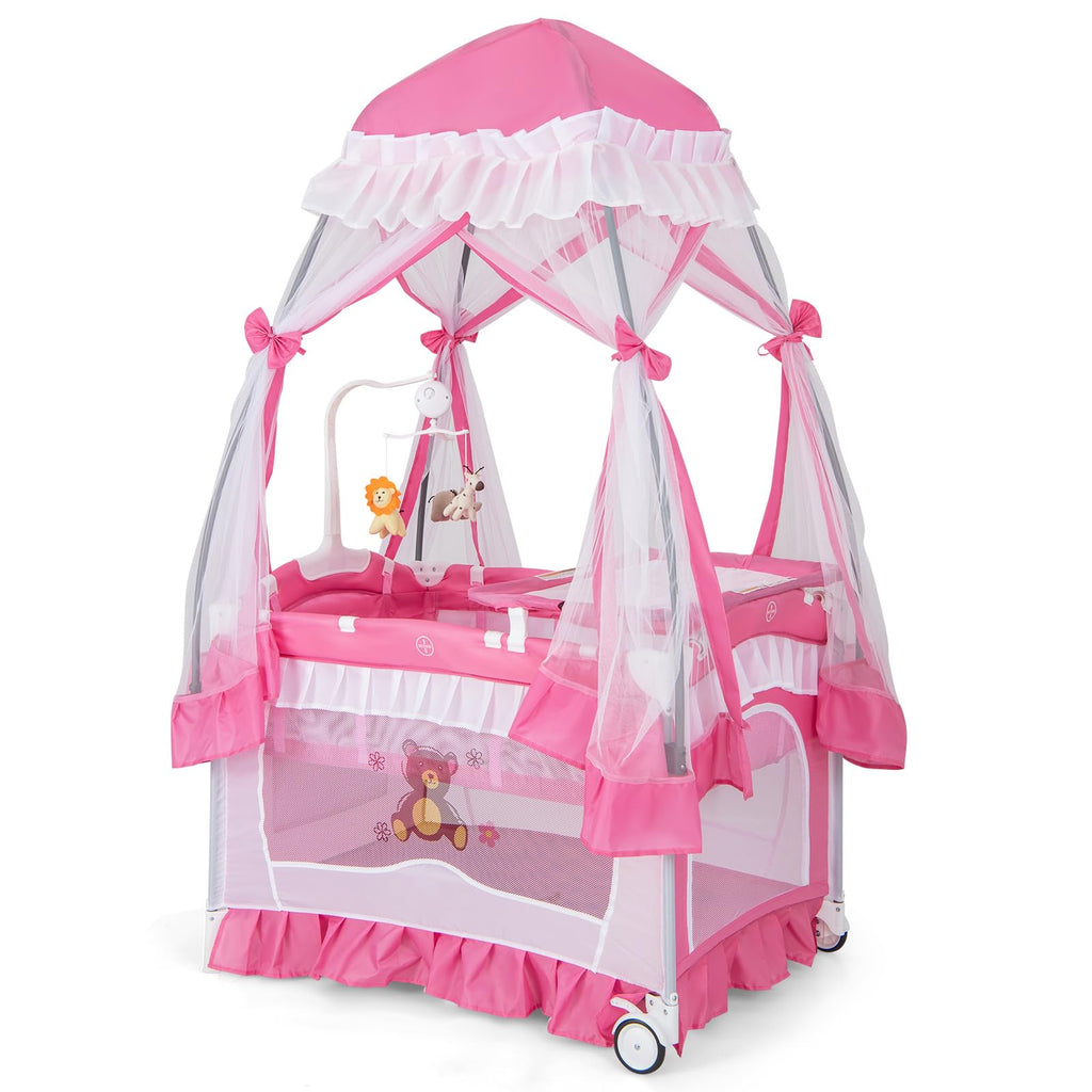 4-in-1 Pack and Play with Canopy, Changing Table and Bassinet, Hot Pink T49266