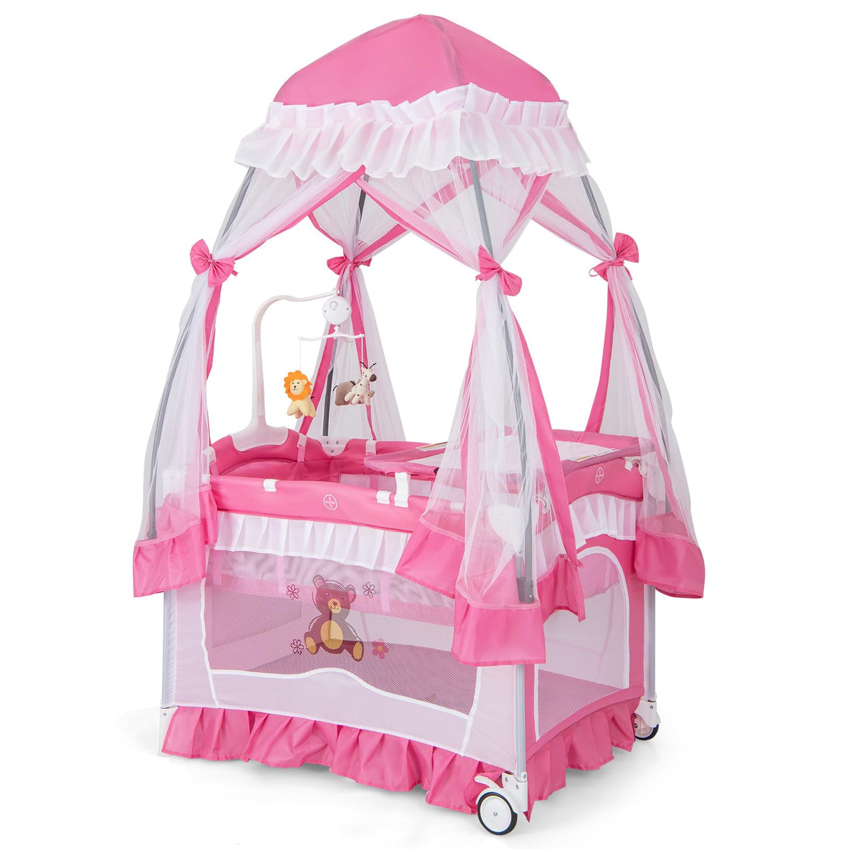 4-in-1 Pack and Play with Canopy, Changing Table and Bassinet, Hot Pink T49266