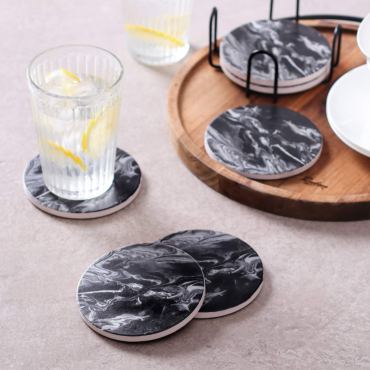 Black Marble Style Ceramic Coasters Set of 6 with Holder X9436