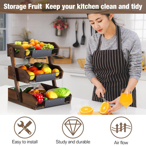 3 Tier Wooden Fruit Basket with Banana Hangers J97691