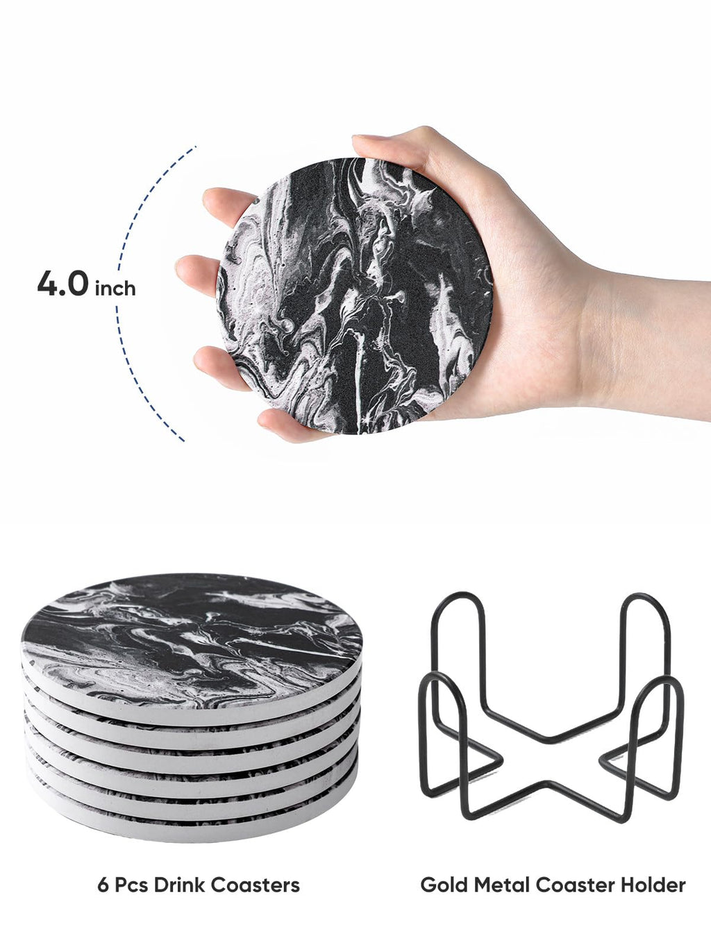 Black Marble Style Ceramic Coasters Set of 6 with Holder X9436
