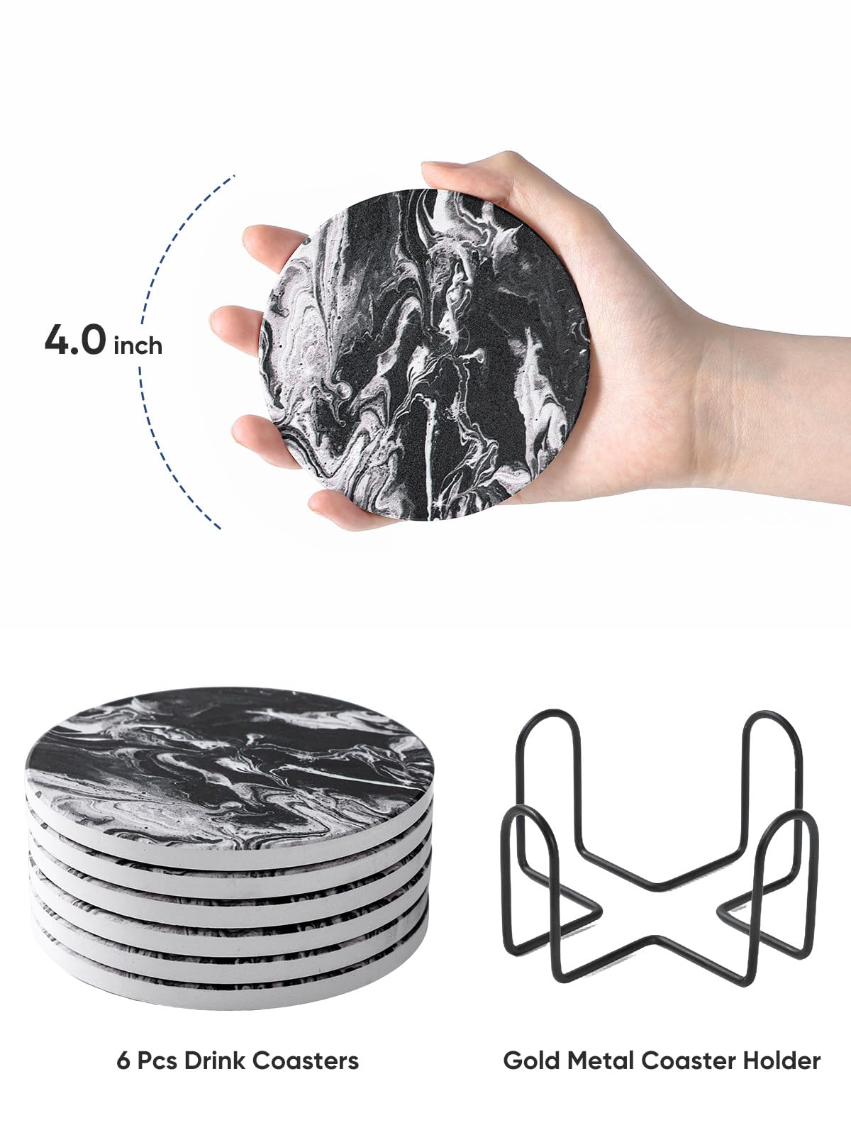 Black Marble Style Ceramic Coasters Set of 6 with Holder X9436