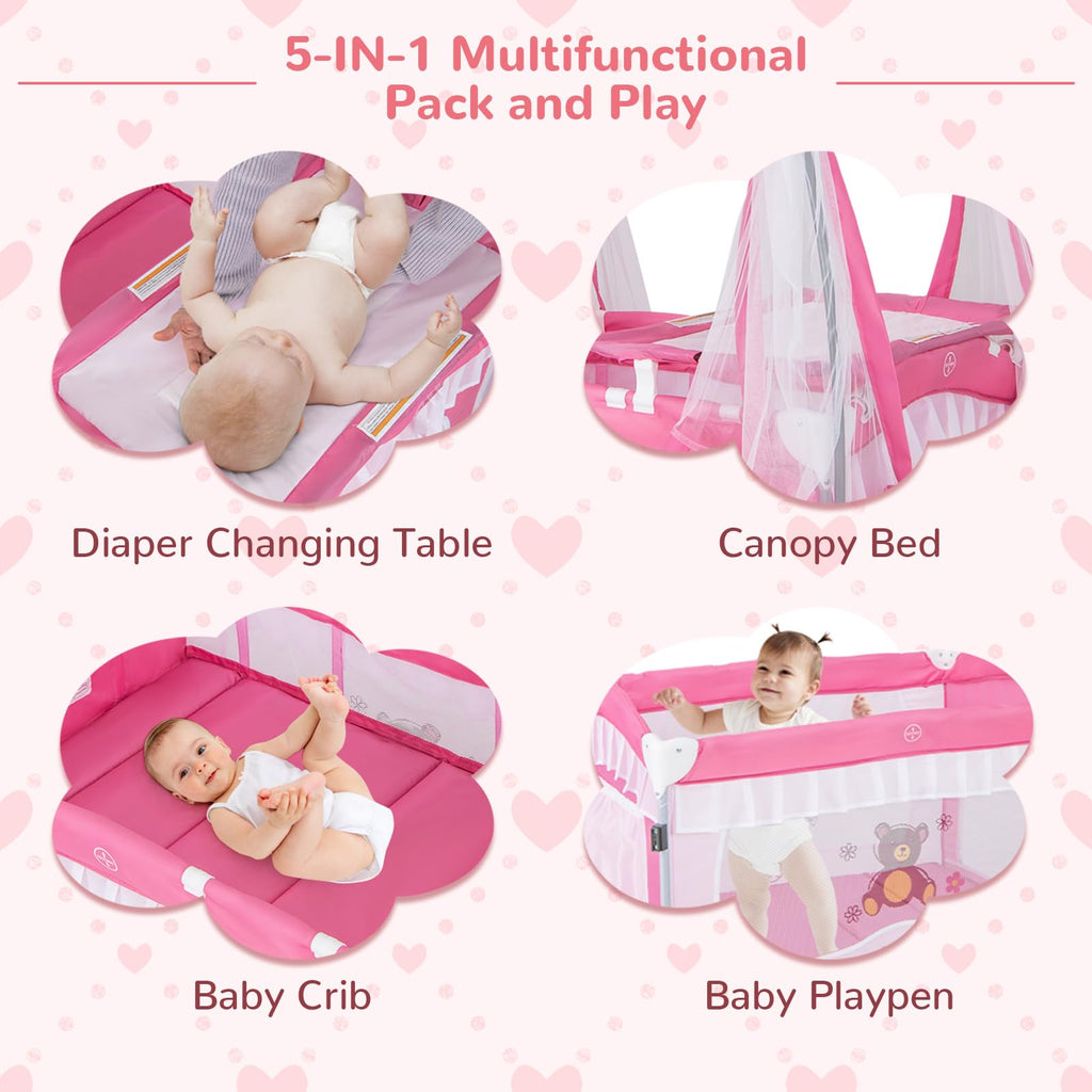 4-in-1 Pack and Play with Canopy, Changing Table and Bassinet, Hot Pink T49266