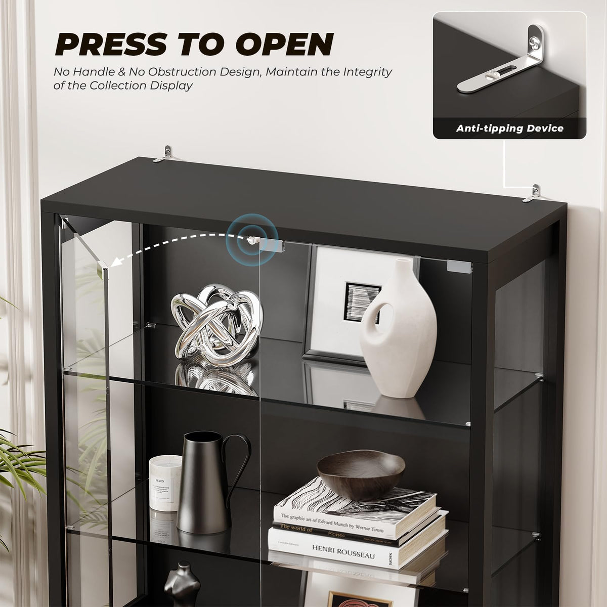 71" Tall Display Cabinet with Glass Door and 3-Color Lights, Black K12874