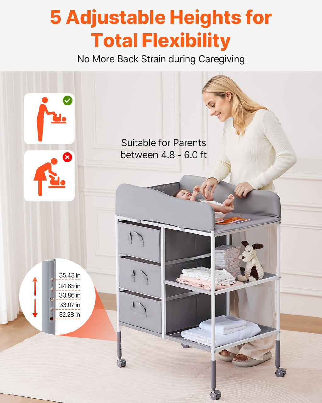 Adjustable Height Baby Changing Table with 3 Fabric Drawers L8837