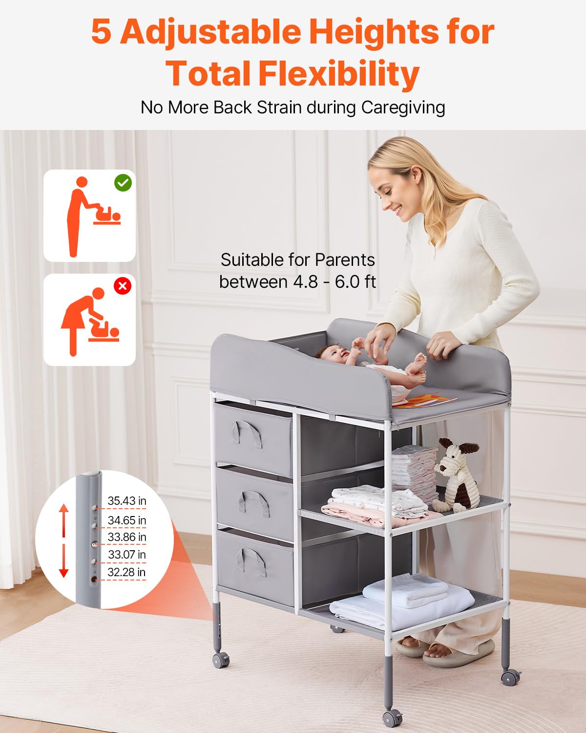 Adjustable Height Baby Changing Table with 3 Fabric Drawers L8837