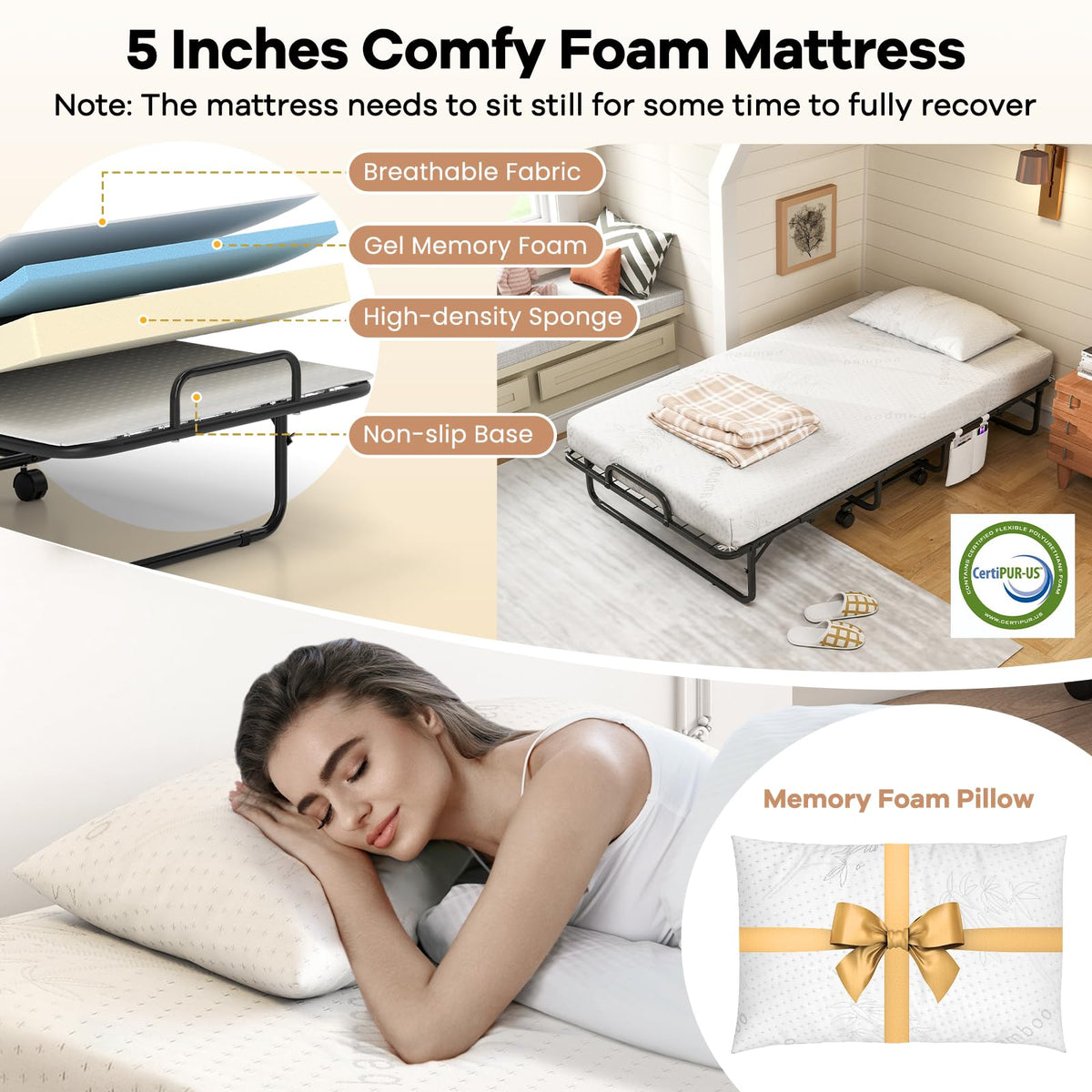 Twin Folding Bed with 5 Inch Mattress and Metal Frame W490