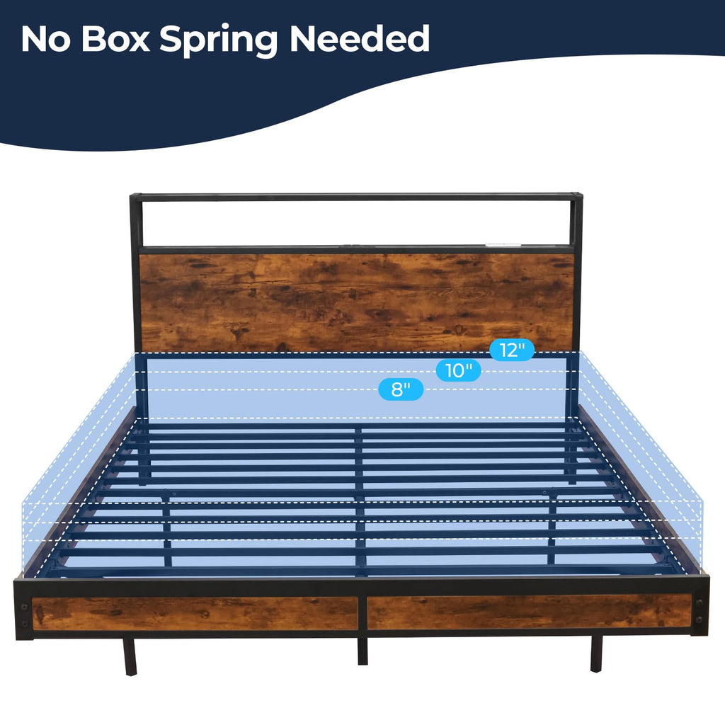 Queen Size Metal Platform Bed Frame with Storage Headboard M8759