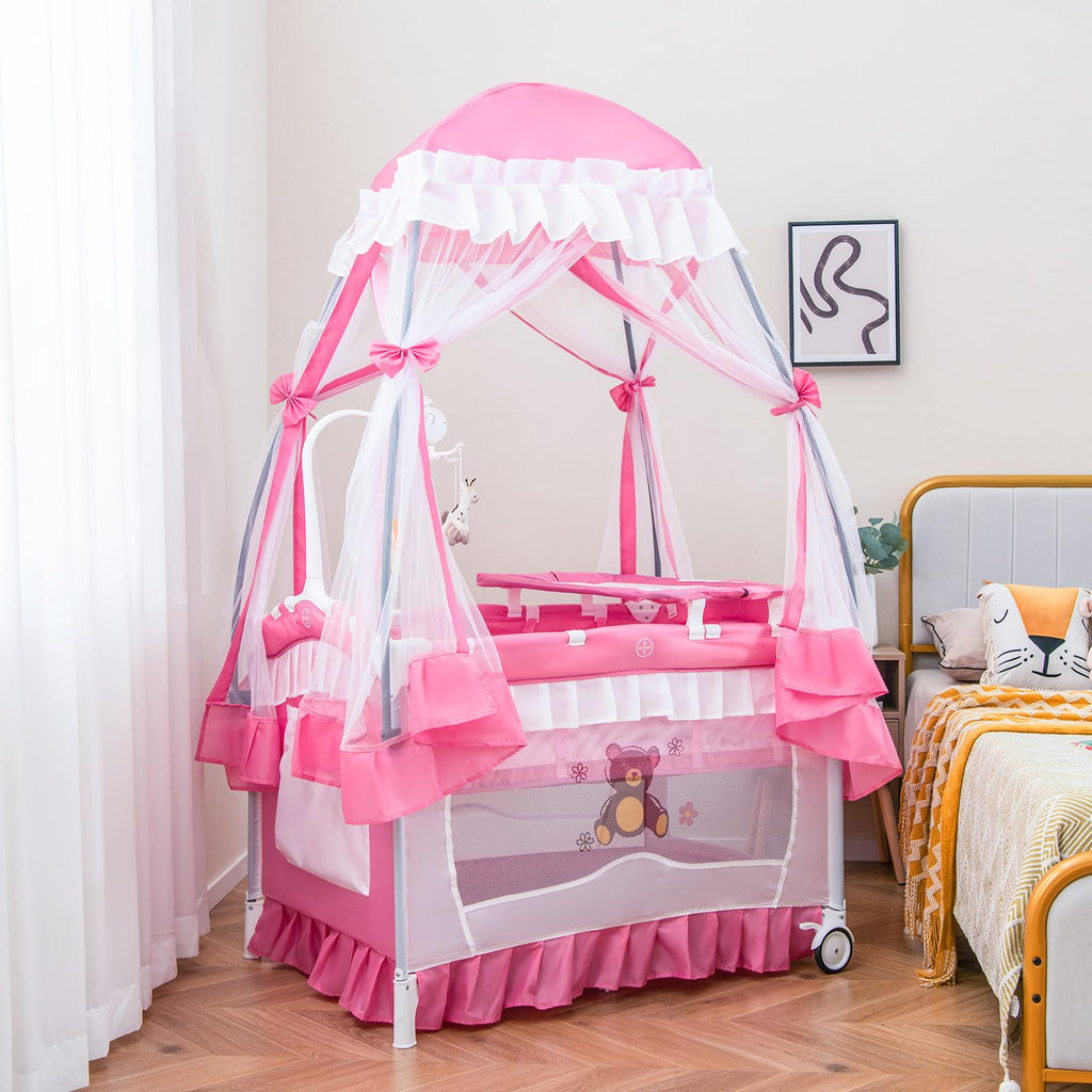 4-in-1 Pack and Play with Canopy, Changing Table and Bassinet, Hot Pink T49266