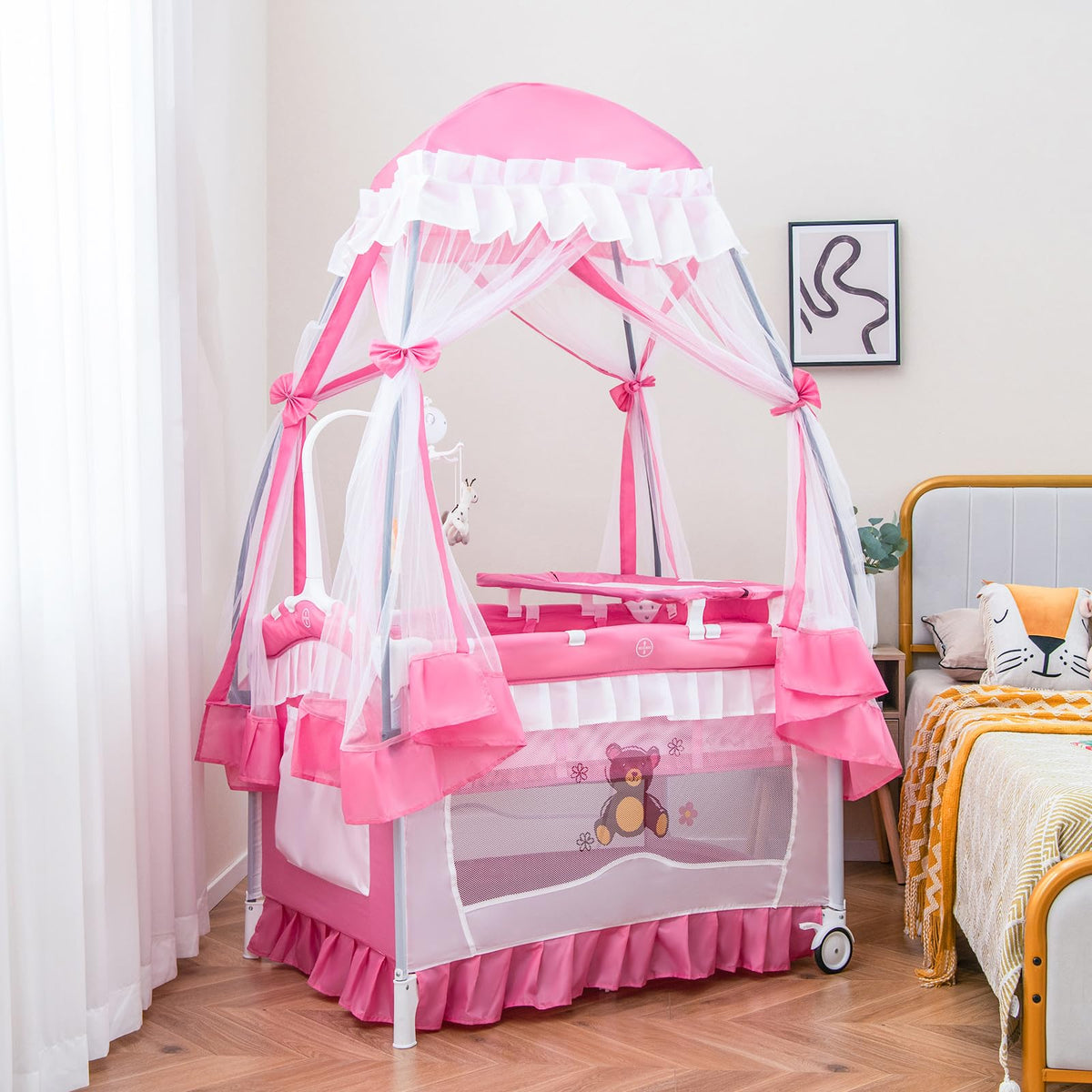 4-in-1 Pack and Play with Canopy, Changing Table and Bassinet, Hot Pink T49266