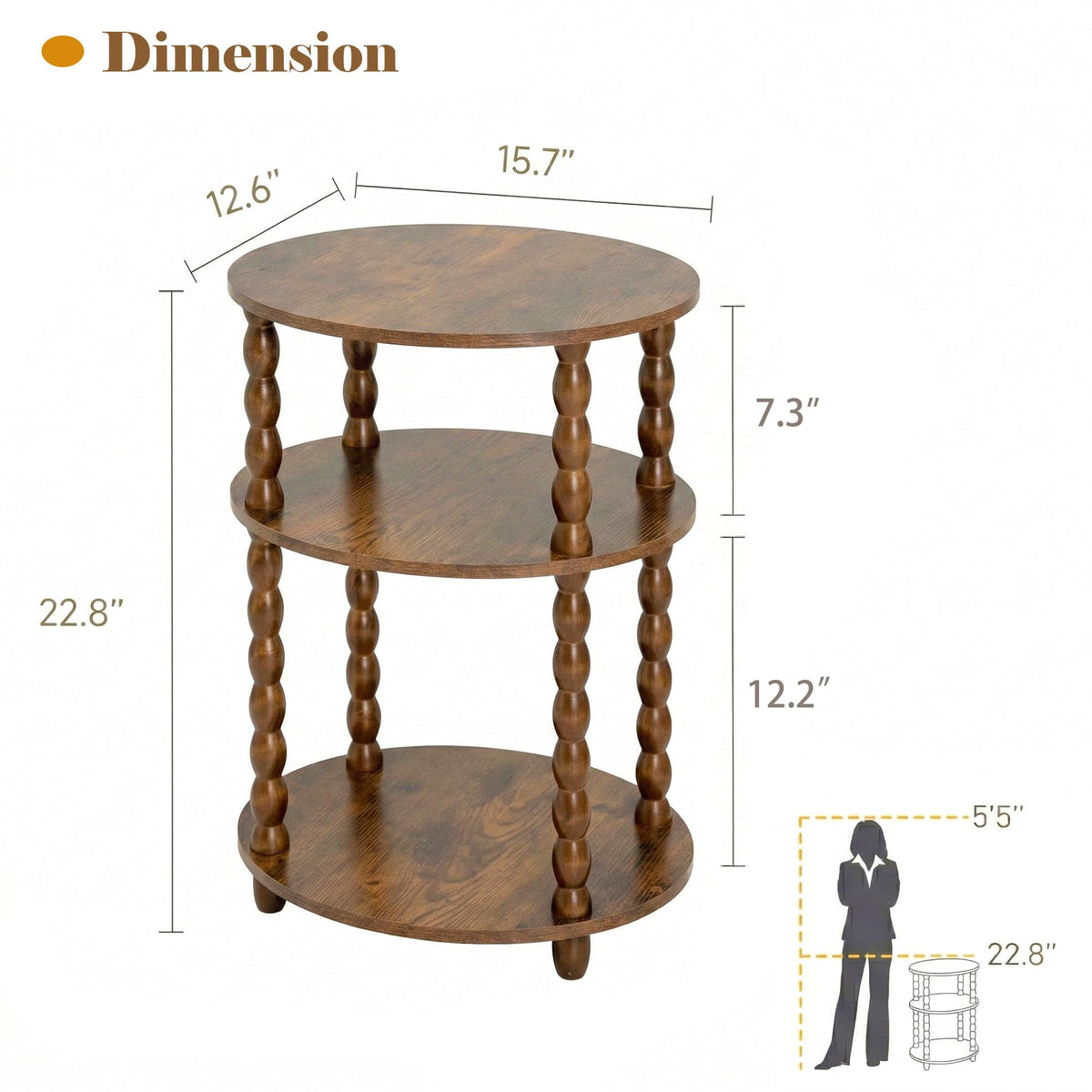 3-Tier Oval Side Table with Solid Wood Spindle Legs W820