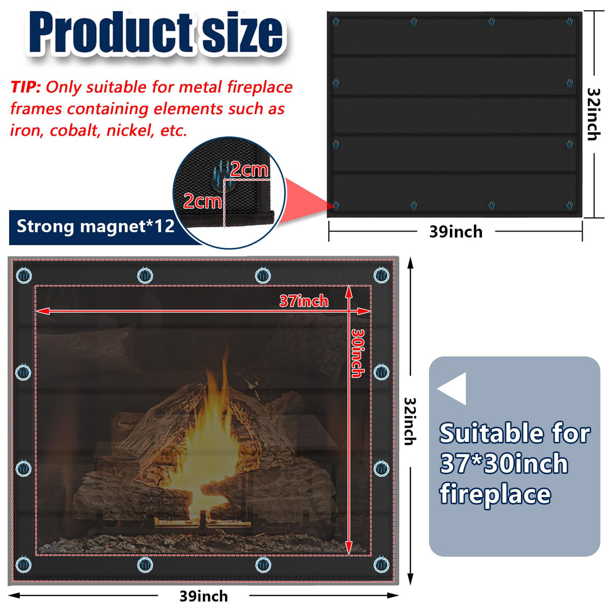 Magnetic Fireplace Cover 39"x32" Draft Stopper P28905