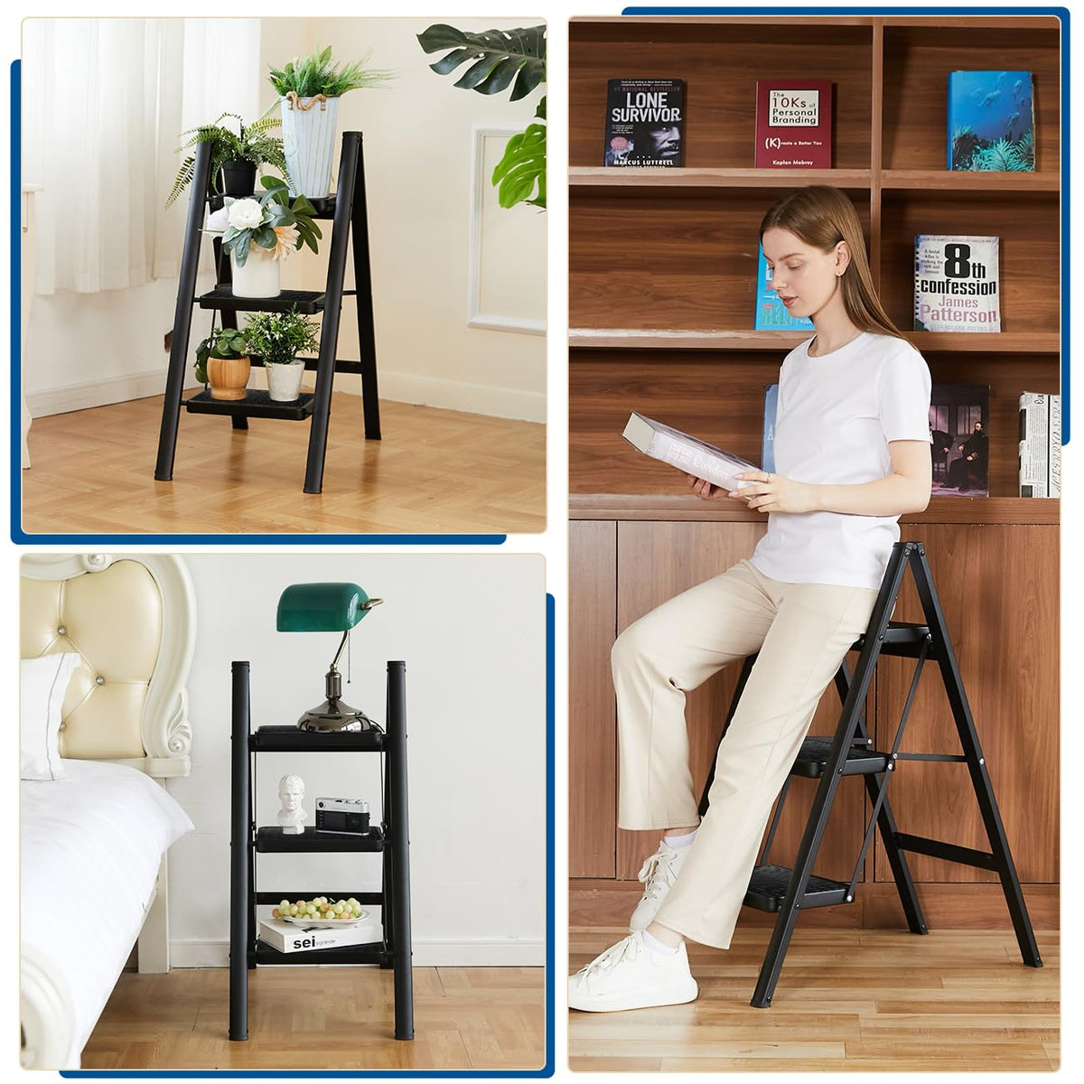 Black 3 Step Steel Folding Ladder Z32287