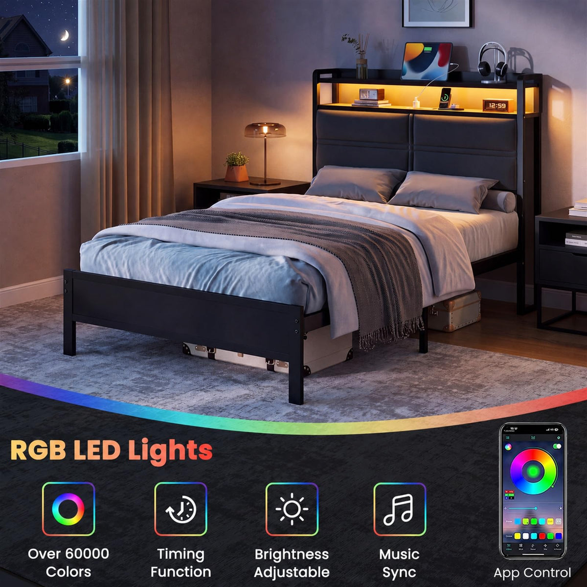 Twin Bed Frame with LED Lights and Charging Station J58636