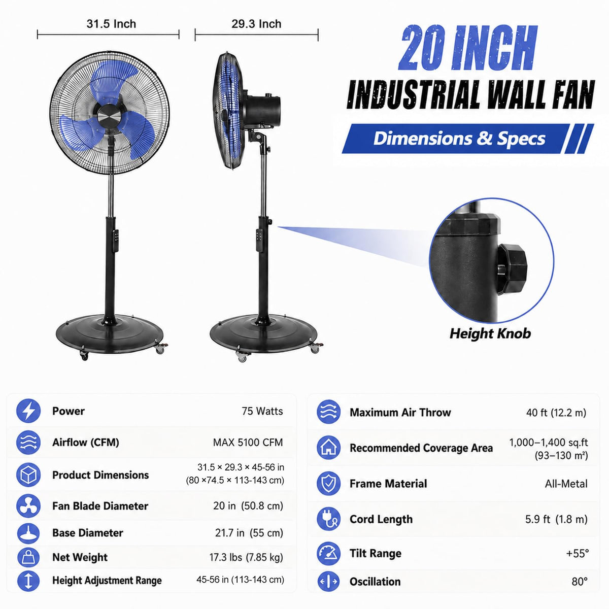 20 Inch Quiet Oscillating Pedestal Fan with Casters C128572