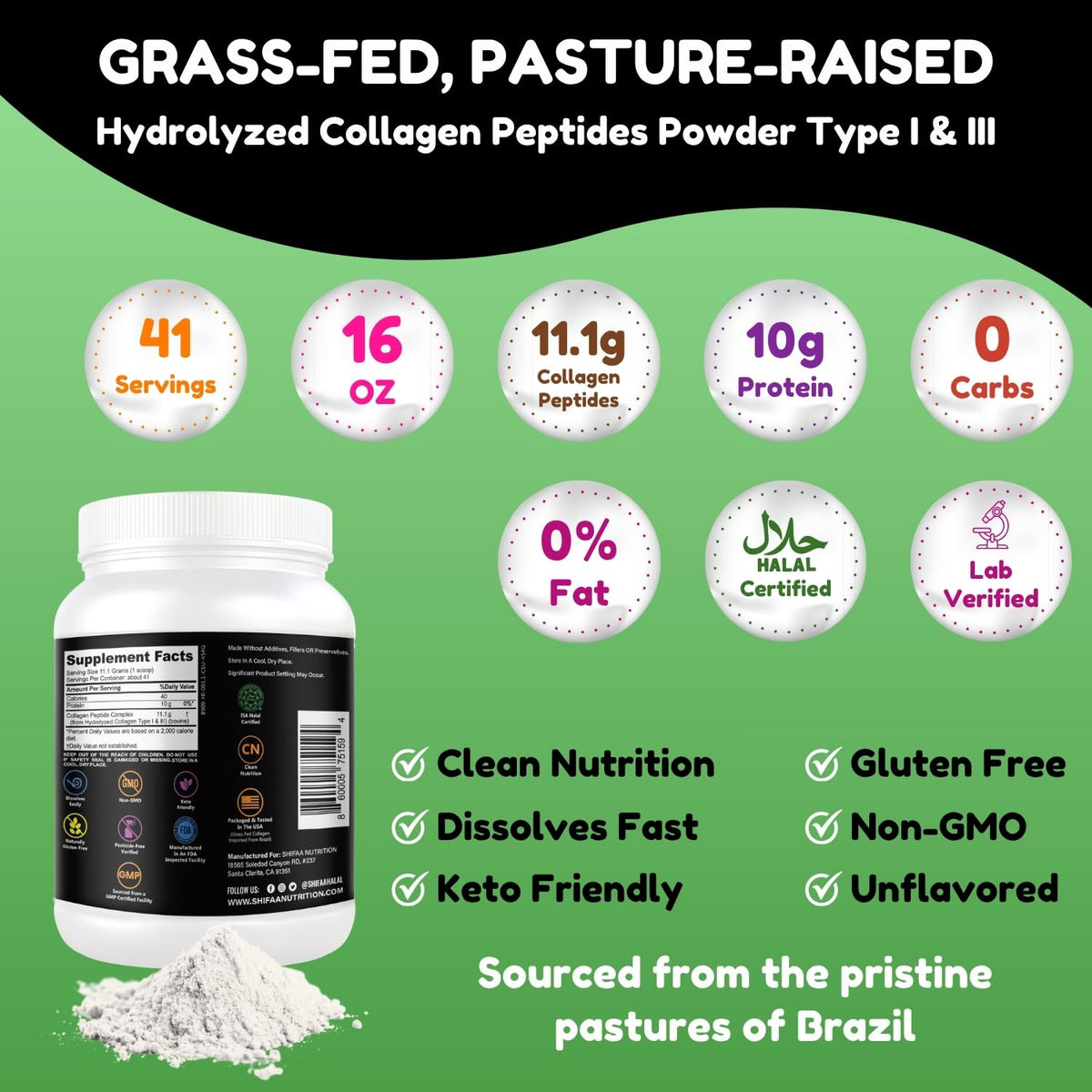 Unflavored Hydrolyzed Collagen Peptides Powder 1LB T6712