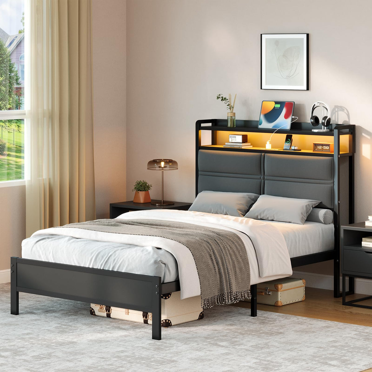 Twin Bed Frame with LED Lights and Charging Station J58636