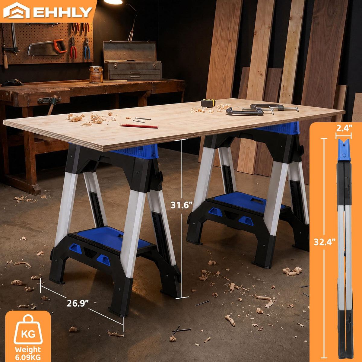 Folding Heavy Duty Sawhorses 2 Pack, 2500 LBS Load Capacity O735