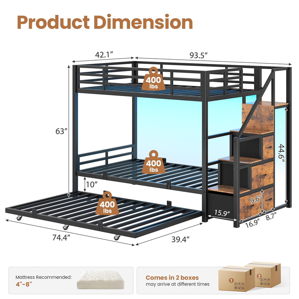 Twin Over Twin Metal Bunk Bed with Trundle and Staircase, Black F118
