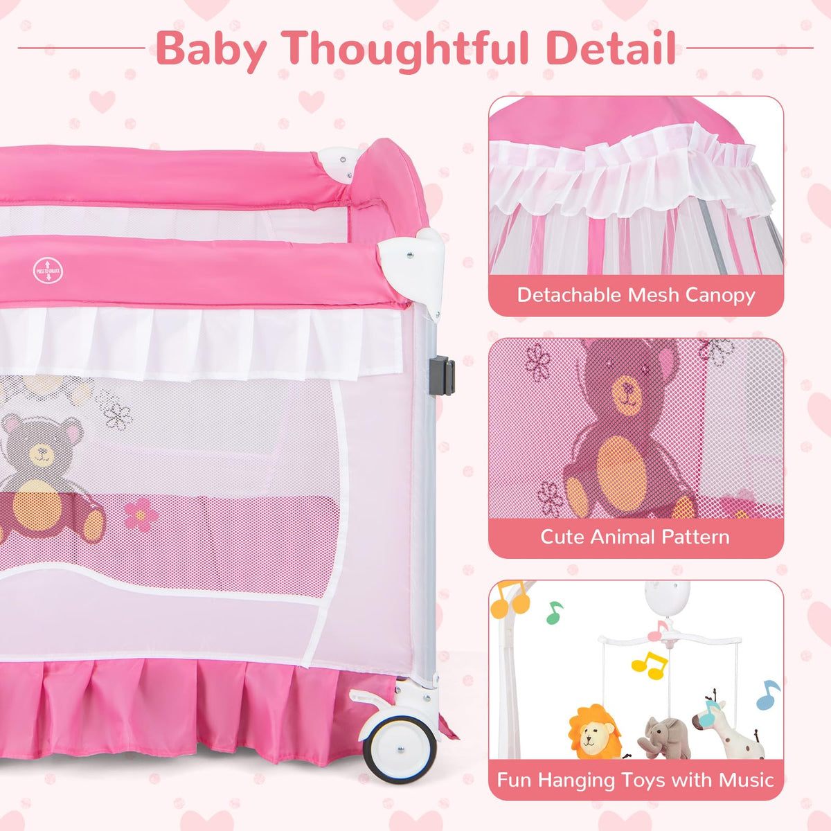 4-in-1 Pack and Play with Canopy, Changing Table and Bassinet, Hot Pink T49266