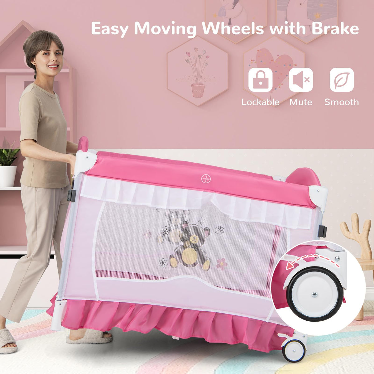 4-in-1 Pack and Play with Canopy, Changing Table and Bassinet, Hot Pink T49266