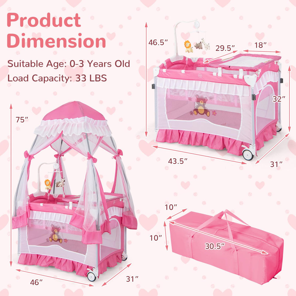 4-in-1 Pack and Play with Canopy, Changing Table and Bassinet, Hot Pink T49266