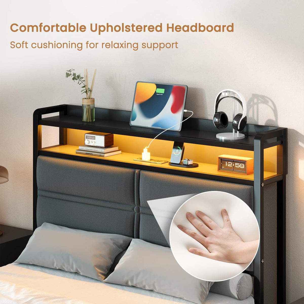 Twin Bed Frame with LED Lights and Charging Station J58636