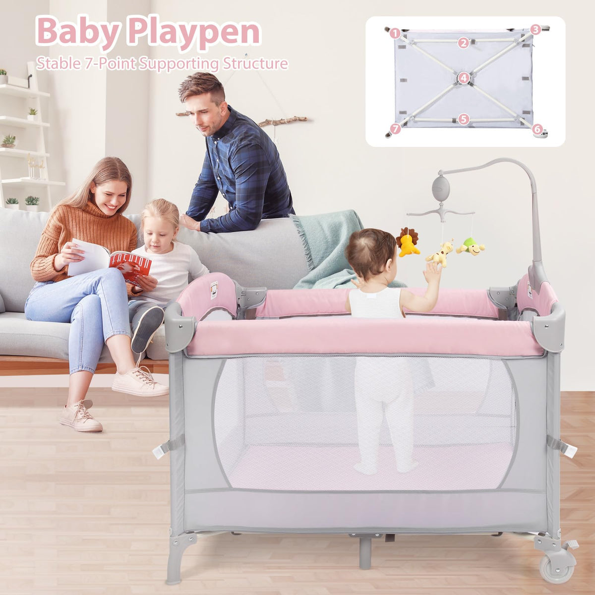 5-in-1 Pink Baby Bassinet Bedside Crib G72325
