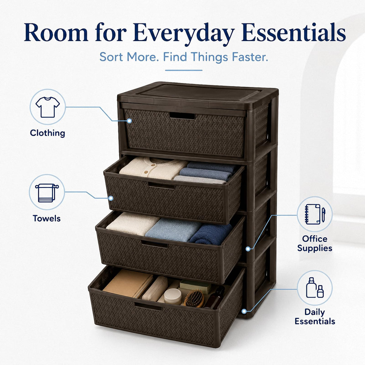 Wide 4-Drawer Storage Organizer Tower with Removable Bins U52853
